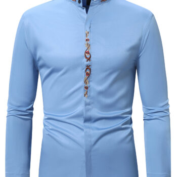 Mens Fashion Embroidered Casual Long-Sleeve Shirt