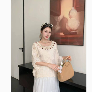 Womens Fashion Embroidered Hollow Lace Short-Sleeve Shirt