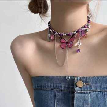 Purple Butterfly Pendant Tassel Necklace For Women - View 2