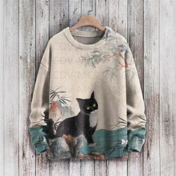 crewneck hoodie - Vintage Japanese-style Painting Cat Art Casual Printed