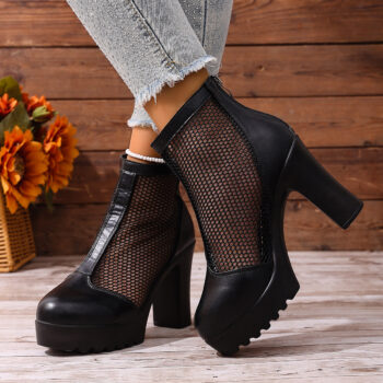 Womens Mesh Chunky Heel Fashion Ankle Boots With Back Zip - View 2