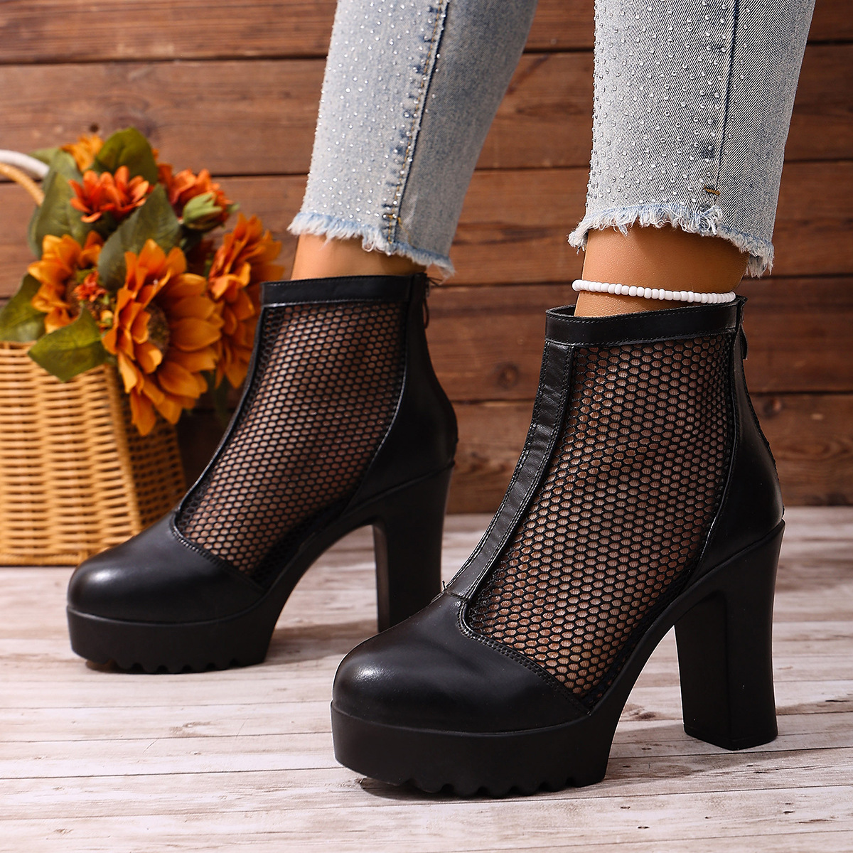 cj-2601130019431611700-5-1200 Womens Mesh Chunky Heel Fashion Ankle Boots With Back Zip - View 6