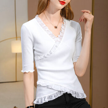 shirt fashion - New Womens T-shirt With Ruffled Hem V-neck And Fitted Waist