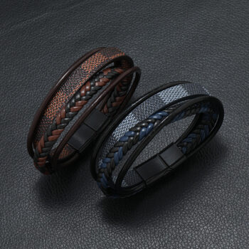 bracelet New Men's Authentic Leather Weave Striped Alloy Magnetic Buckle Multi-layer Leather Bangle Bracelet
