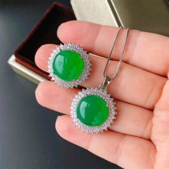 Elegant Fluorescent Round Chalcedony Set For Women Ring And Pendant - View 1