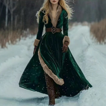 V-neck Split Autumnwinter Relaxed-waist Coat Dress - Main product image