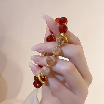 Red Agate Round Beaded Elastic Bracelet - View 1