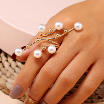 gold ring Oversized Geometric Pearl Ring Gold-Tone Alloy Index Finger Band European American Fashion Trendy Jewelry