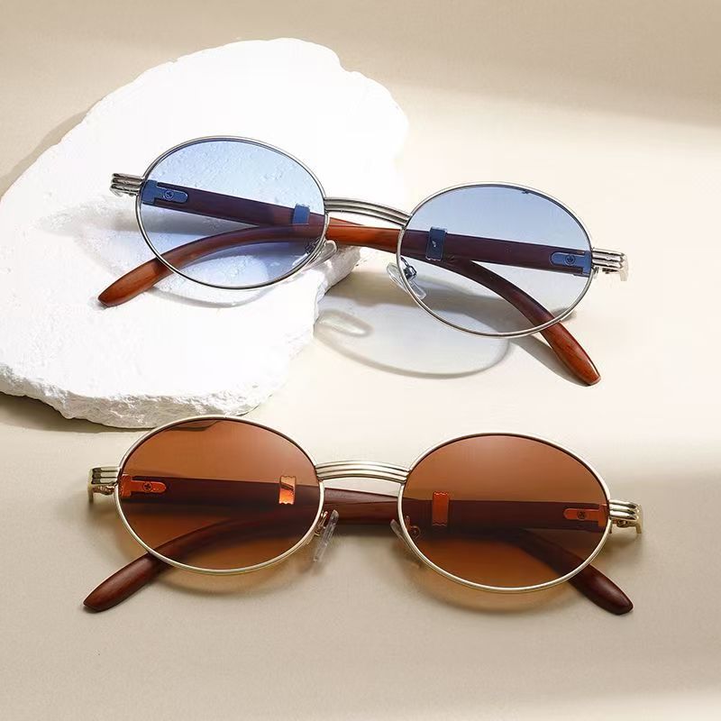 d7f1874f-42ed-4401-a3e1-01fd97aa47ad Metal Oval-frame Sunglasses With A Wood-grain Finish - View 3