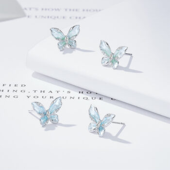 S925 Sterling Silver Blue Butterfly Stud Earrings - View 1