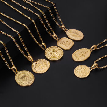 Men's Compass Stainless Steel Coin 18K Gold Plated Pendant Necklace - View 1