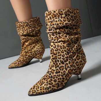 Stiletto-Heel Leopard-Print Pointed-Toe Ankle Boots With Turned-Over Cuffs - Main product image