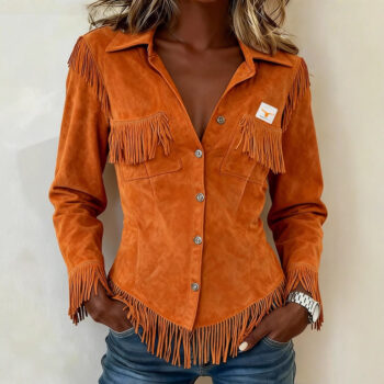Brown European And American-style Suede-velvet Cardigan With Tassels And Long Sleeves - Main product image