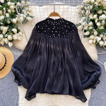 Womens Loose, Casual Rhinestone-embellished Lantern-sleeve Tassel Mesh Top - View 2