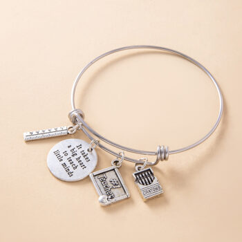 Creative Silver Ruler Crayons Charms Inspirational Bracelet Vintage Stainless Steel Adjustable Bangle Teacher's Day Gift - Vi