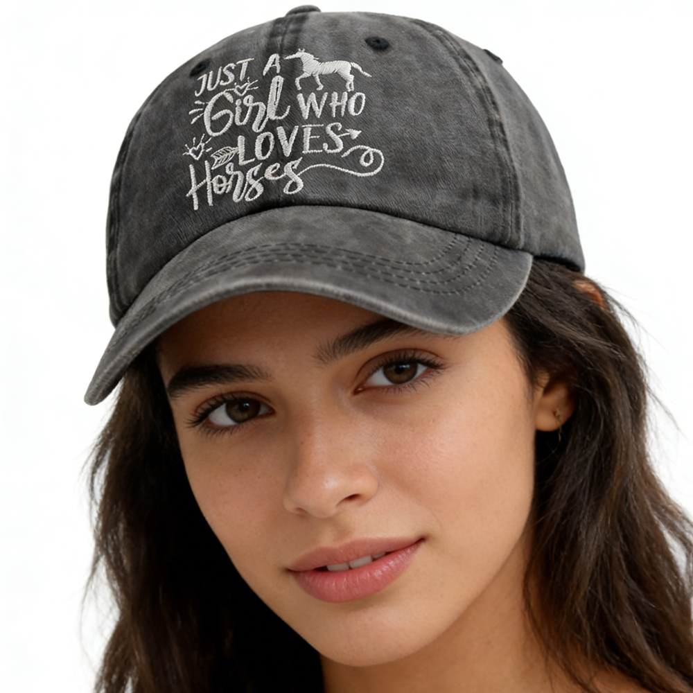 e9ff0d9f-8159-4384-b4bc-cfe477c5df9b Girl Who Loves Horses Hat For Men Women, Adjustable Embroidered Wash Cotton Baseball Cap - View 3