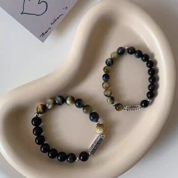 Tigereye Obsidian S925 Six Words Mantra Couple Sterling Silver Bracelet - View 1