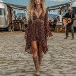 Elegant Printed Deep V-Neck Flared Sleeve Long-Sleeve Dress For Women - Main product image