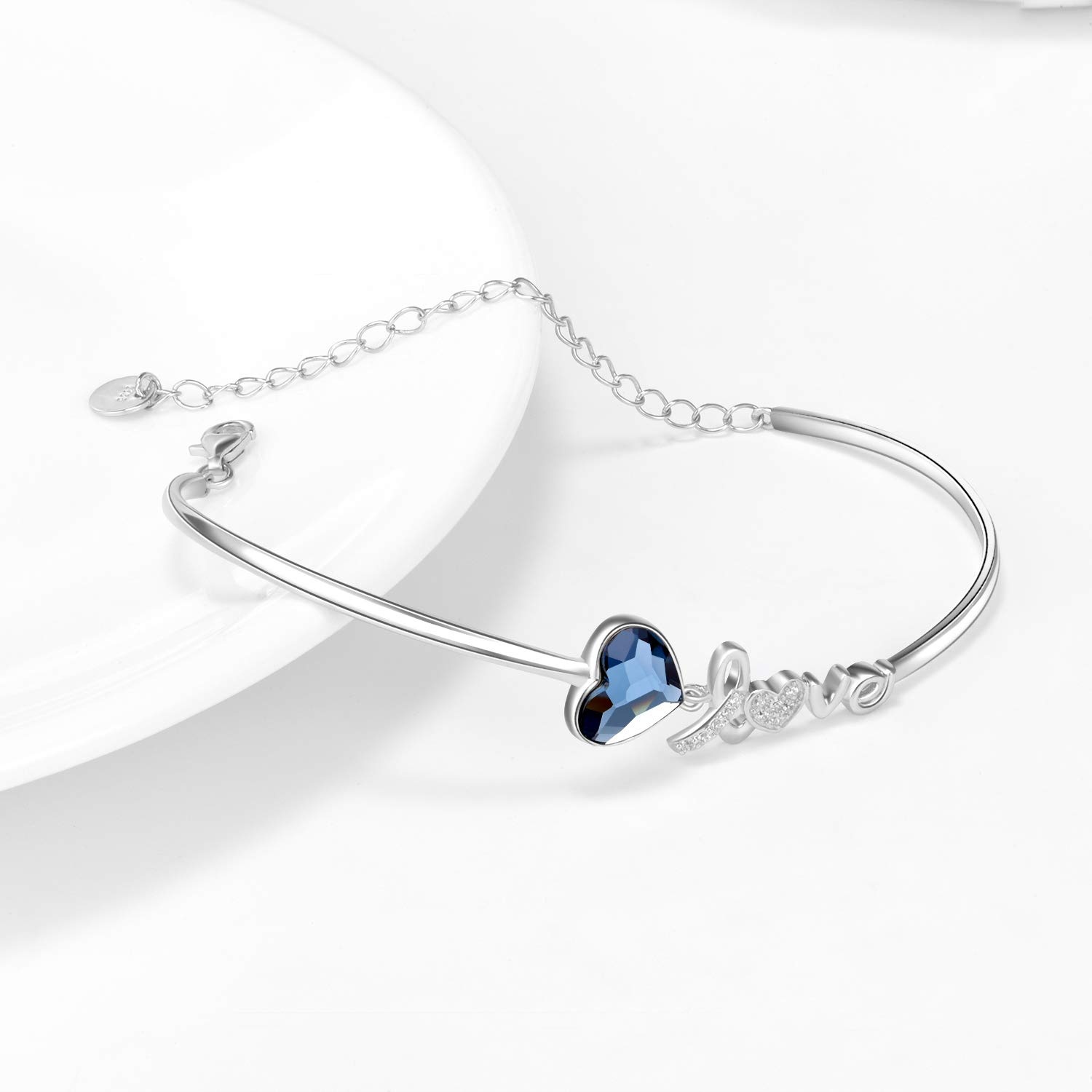 ee487815-ad4b-441d-97eb-bf923cb0bc00 Blue Crystals from Austria Love Heart Bangle Bracelet in White Gold Plated Sterling Silver - View 5