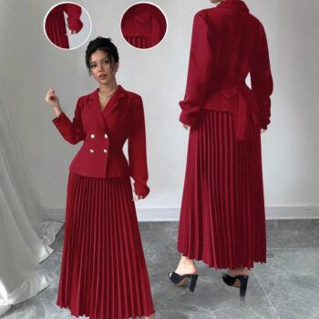 Womens Double-Breasted Top And Pleated Skirt Set - Main product image