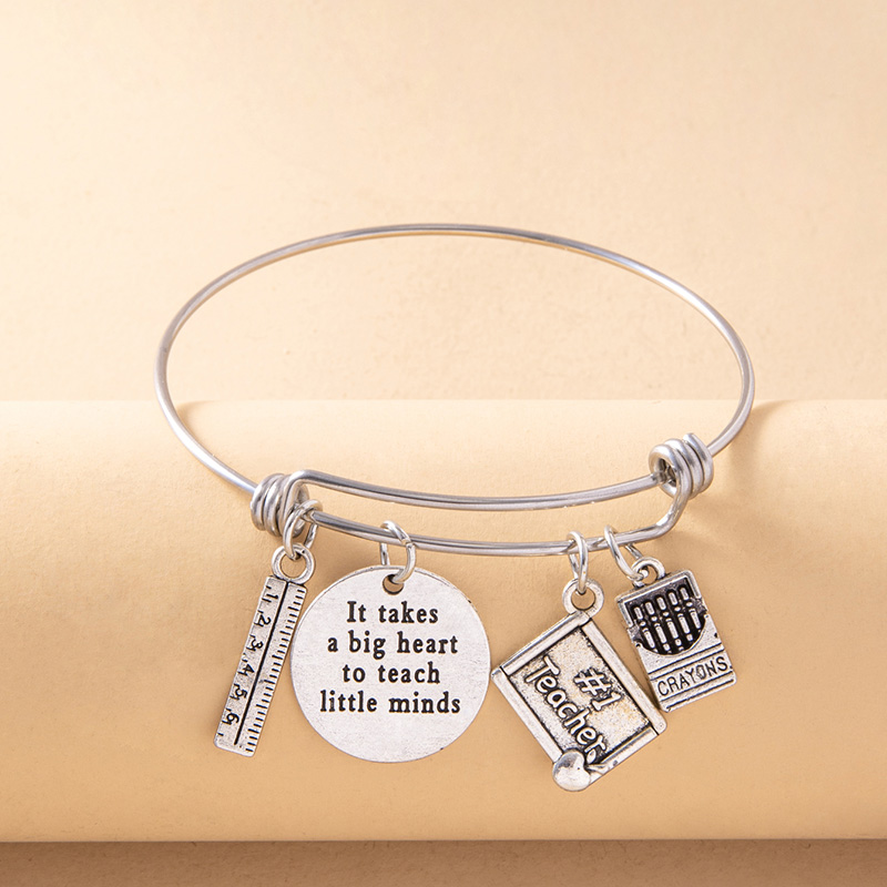 f0ac3083-e99c-4ee9-af74-5e5db05f3382 Creative Silver Ruler Crayons Charms Inspirational Bracelet Vintage Stainless Steel Adjustable Bangle Teacher's Day Gift - Vi