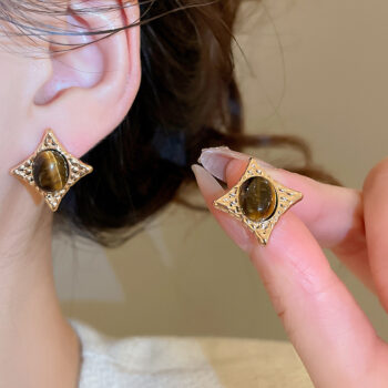 Tigers Eye Oval Star Stud Earrings Silver Post - View 1