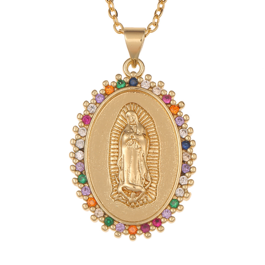 f1f2a00b-d0c7-4090-bd39-6e1e4387a1b9 Oval Shell Madonna Pendant Gold Necklace - View 2