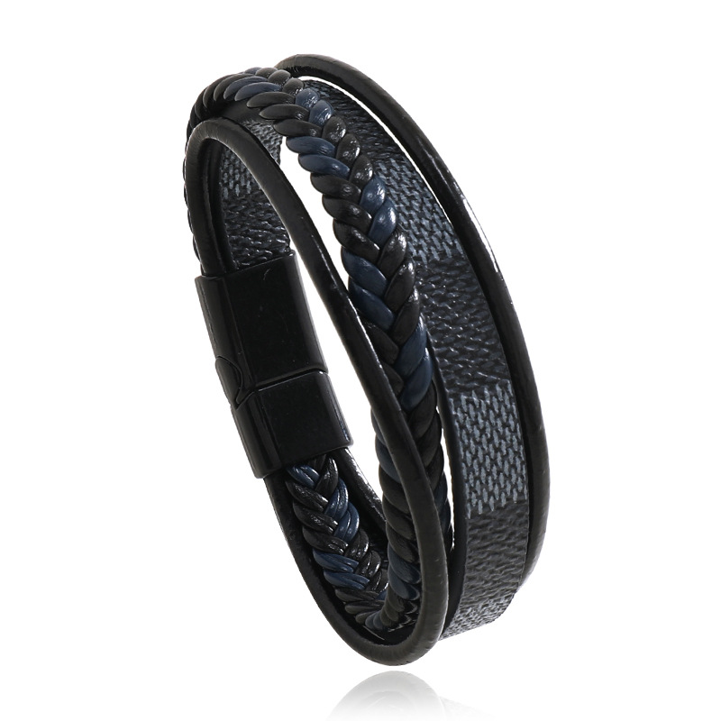 f2aae895-f387-4f74-9f8c-24461836b72b New Men's Authentic Leather Weave Striped Alloy Magnetic Buckle Multi-layer Leather Bangle Bracelet - View 5
