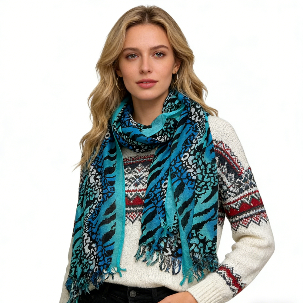 f5d29a39-23d3-4012-8156-14cb6c908372 Turquoise Printed Viscose Scarf - Long Boho Scarf 72inchx22inch - View 3