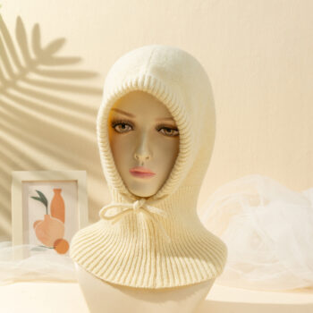 Women's Solid Color Drawstring Strap Scarf Integrated Simple Thermal Knitting Beanie Hat