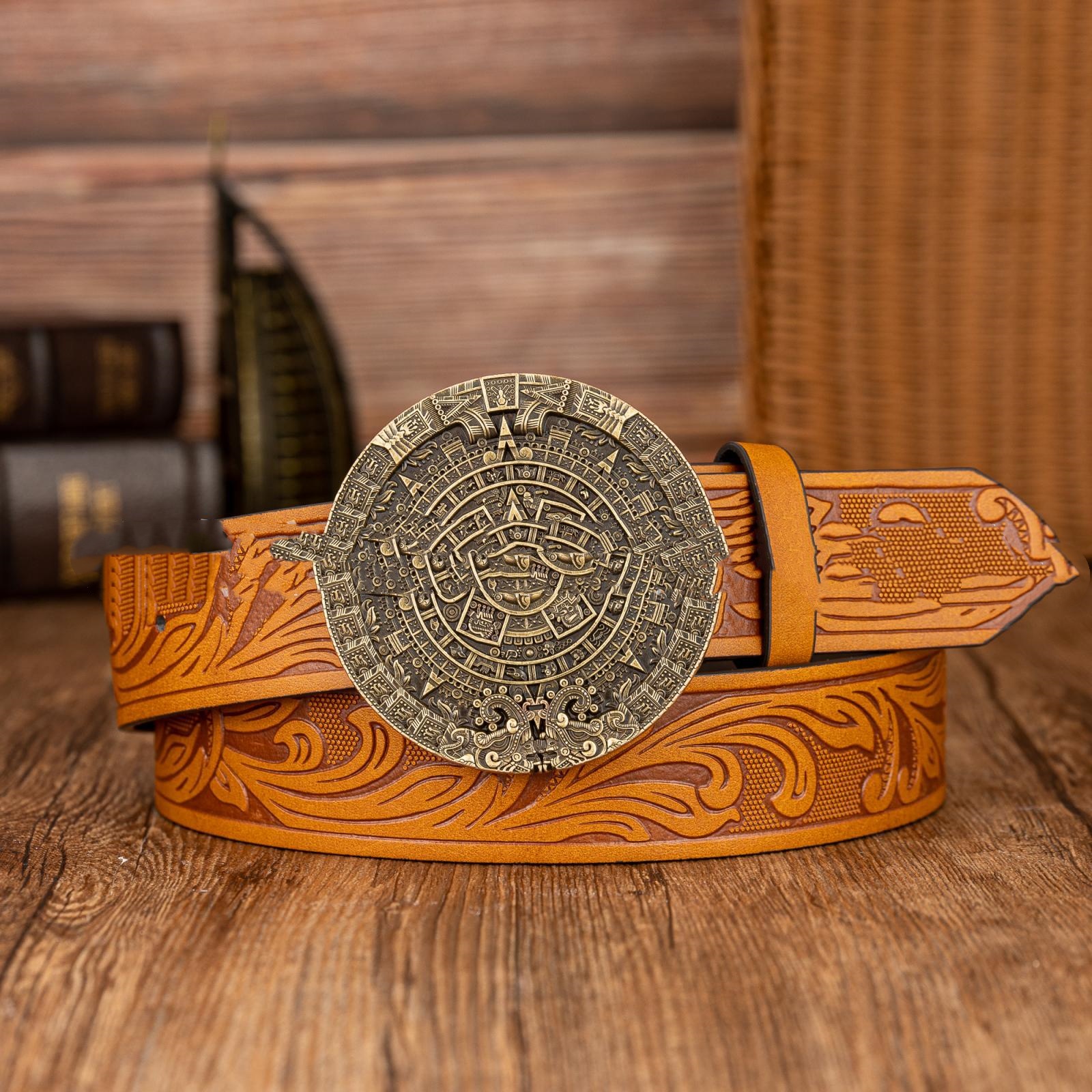 f6769bec-94c3-4d93-930f-366992bd892e Aztec Sun Calendar Stone Buckle Retro PU Leather Belt - View 2