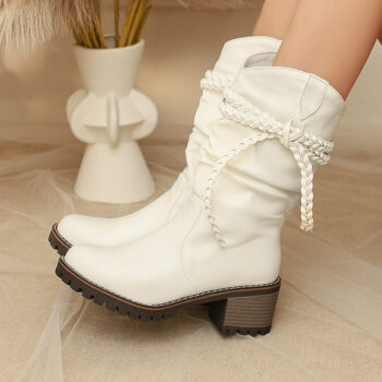 Womens Fashion Knitted Strap Mid-Calf Boots With Chunky Heels - View 2