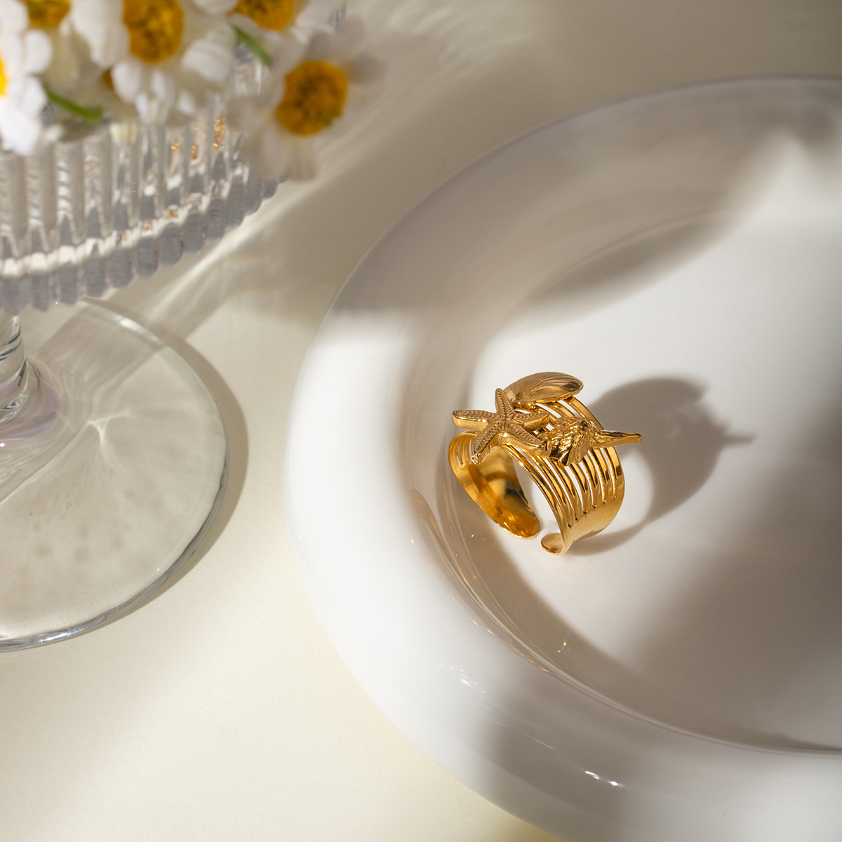 fa58d71a-8b68-4752-bf98-8fa18376447d 18k Gold Stainless Steel Starfish Conch Shell Open Ring - View 2