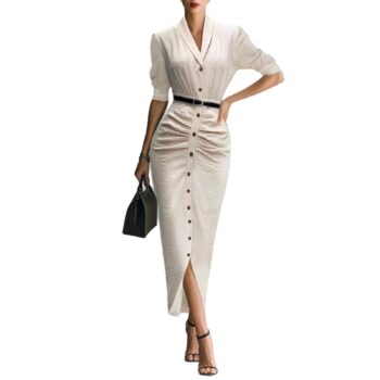 Fashionable Short-Sleeve Belted Pleated Shirt Dress - Okita Shop