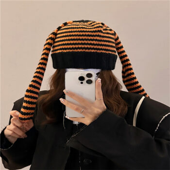 Cute Rabbit Ears Knitted Striped Pullover Wool Knit Hat Shopping Warm Beanie Hat - View 2