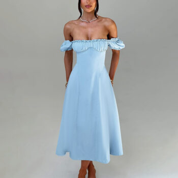 French Bubble Sleeve Lace Hem A-line Dress - Main product image