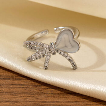 diamond ring New Diamond-encrusted Bow And Heart Oil-drop Ring