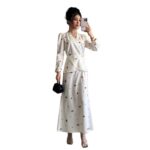 New V-neck Puff-sleeved Waist-cinched Satin Dress With A Cherry Print - Okita Shop