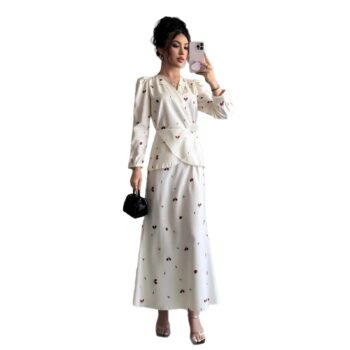 New V-neck Puff-sleeved Waist-cinched Satin Dress With A Cherry Print - Okita Shop