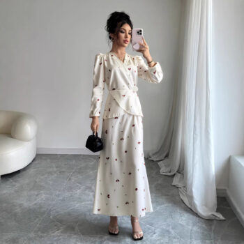 New V-neck Puff-sleeved Waist-cinched Satin Dress With A Cherry Print - Okita Shop