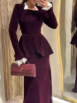 Burgundy Velvet Lace Trim Waist-Cinched Top & Maxi Skirt Set