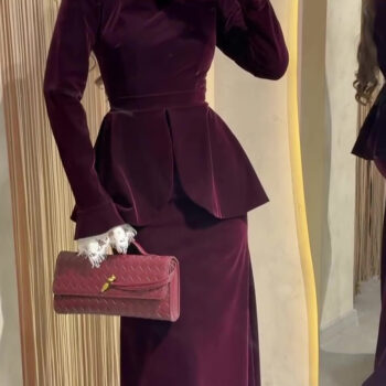 Burgundy Velvet Lace Trim Waist-Cinched Top & Maxi Skirt Set