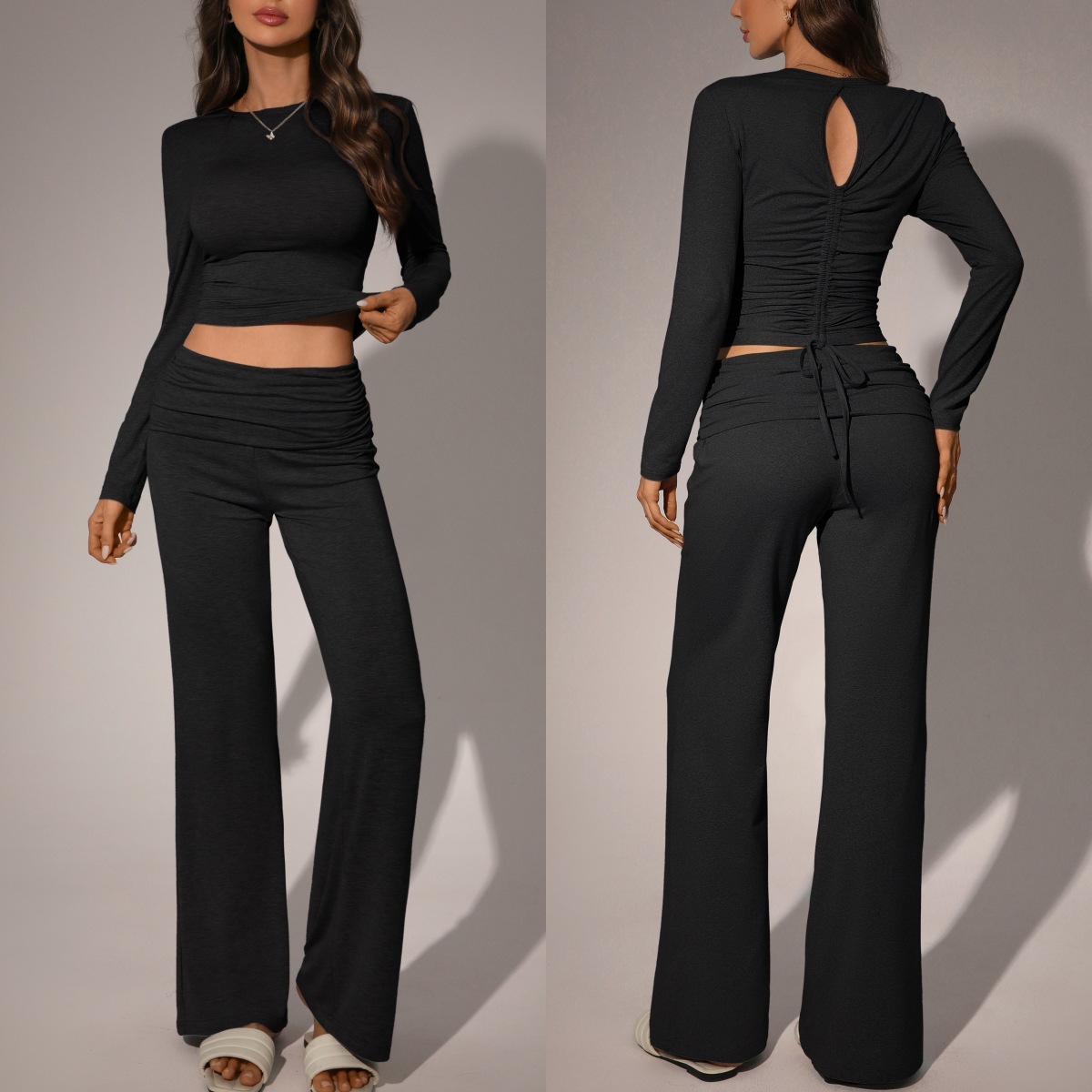 womens-solid-color-casual-fash-1-18359 Womens Solid-Color Casual Fashion Top And Pants Se