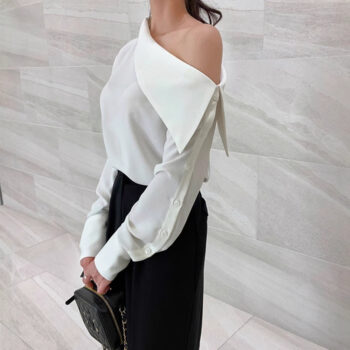 Womens Solid-Color Off-the-Shoulder Button-Down