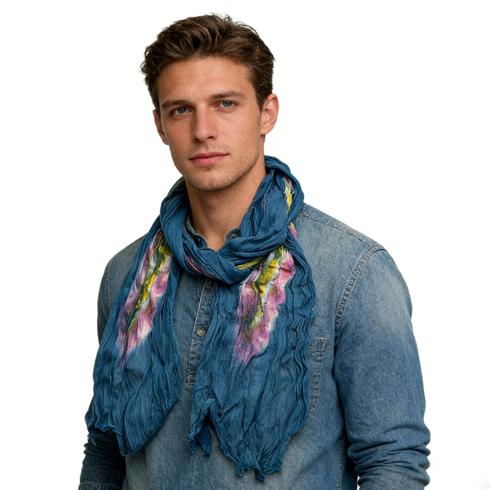 4688cd49-ac11-4ba9-92f9-4a54ed935ca7 2pcs Turquoise Tie-Dye Cotton Scarf,Crinkle Soft And Breathable Scarf ,vacation,daily Life,evening Party,Office Appropriate S