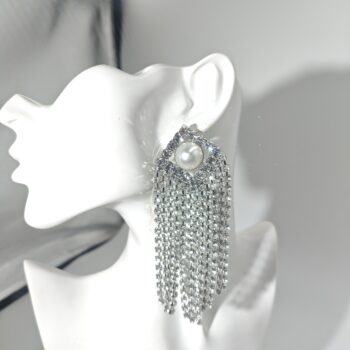 Silver Sparkling Fringe Earrings With Pearl Accent - View 2